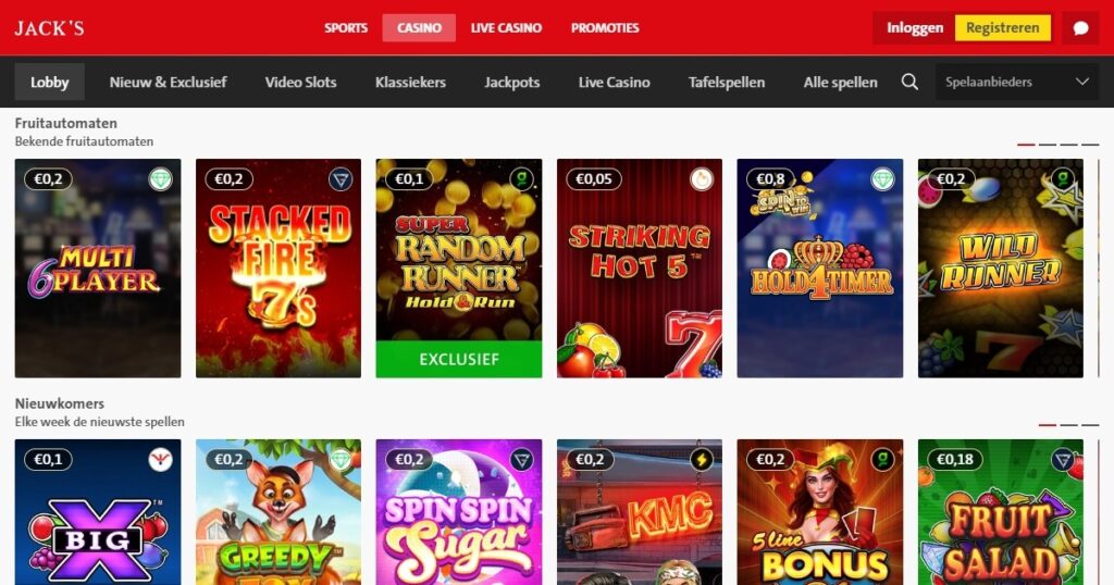 Screenshot van casinospellen pagina voor Jack's Casino Online review 