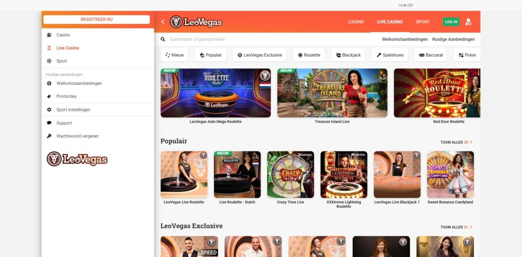 LeoVegas Nederland live casino page