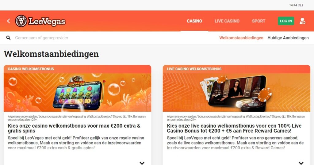 LeoVegas welkomstbonus pagina